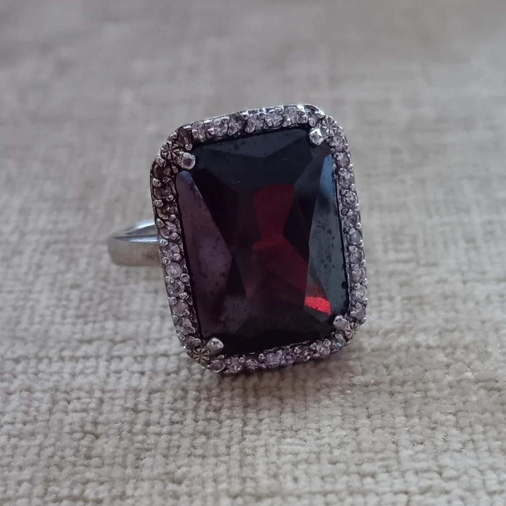Rectangular Multi Faceted Deep Red Glass Silver Ring